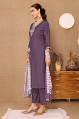 Silk Blend Embroidered V-Neck Kurta, Pant, and Printed Dupatta Set.