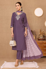 Silk Blend Embroidered V-Neck Kurta, Pant, and Printed Dupatta Set.