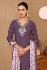 Silk Blend Embroidered V-Neck Kurta, Pant, and Printed Dupatta Set.