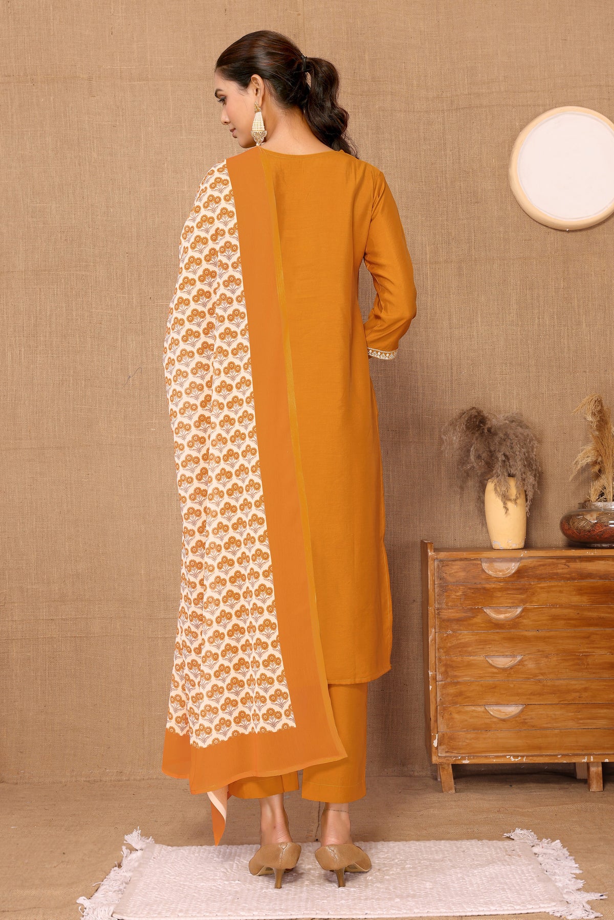 Silk Blend Embroidered V-Neck Kurta, Pant, and Printed Dupatta Set