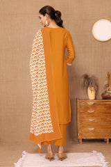 Silk Blend Embroidered V-Neck Kurta, Pant, and Printed Dupatta Set.