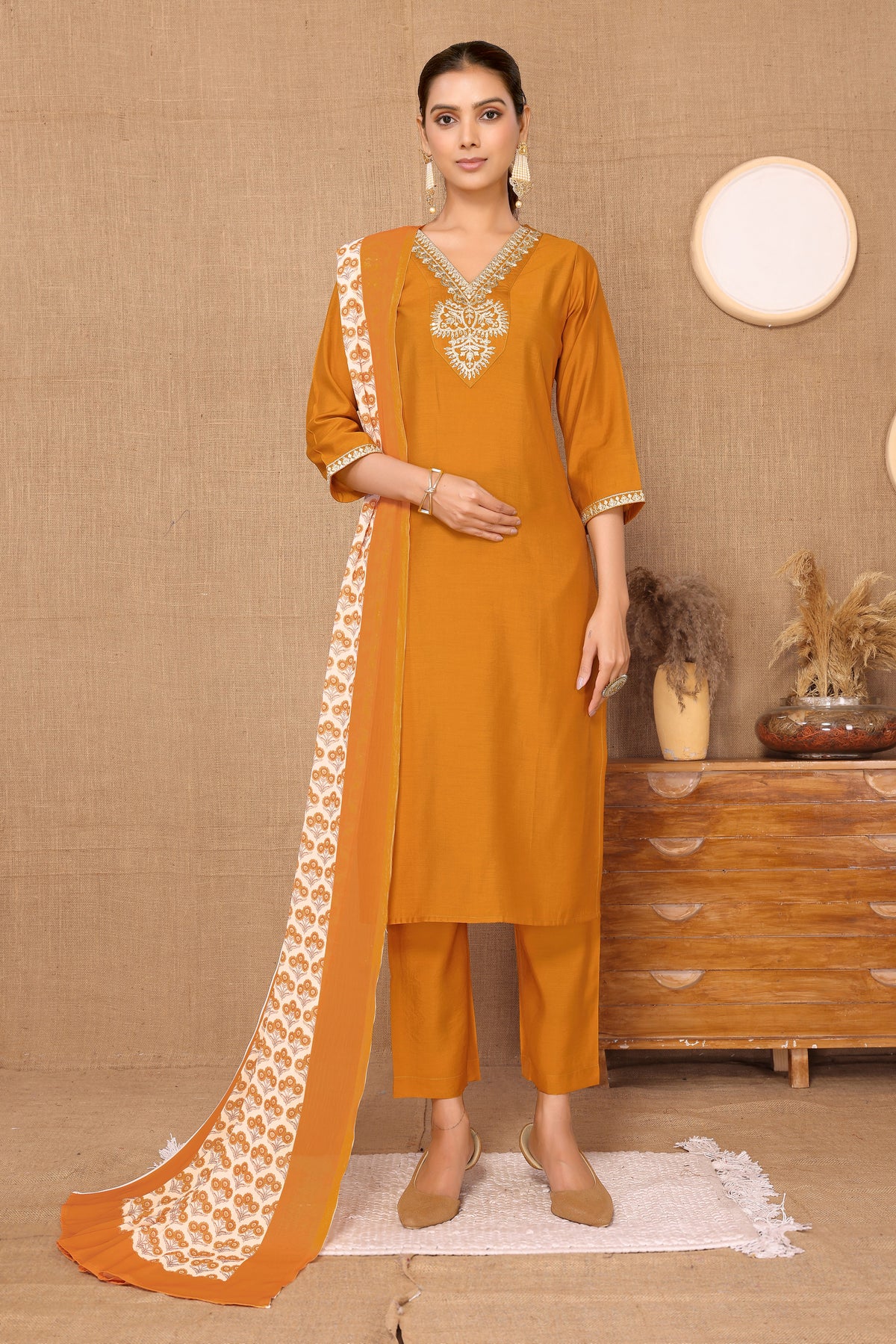 Silk Blend Embroidered V-Neck Kurta, Pant, and Printed Dupatta Set.