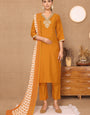 Silk Blend Embroidered V-Neck Kurta, Pant, and Printed Dupatta Set.