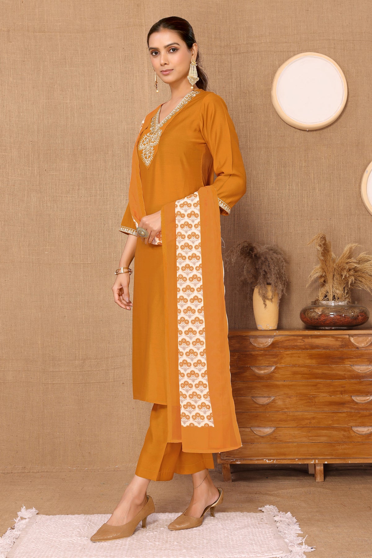 Silk Blend Embroidered V-Neck Kurta, Pant, and Printed Dupatta Set