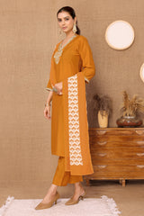 Silk Blend Embroidered V-Neck Kurta, Pant, and Printed Dupatta Set.