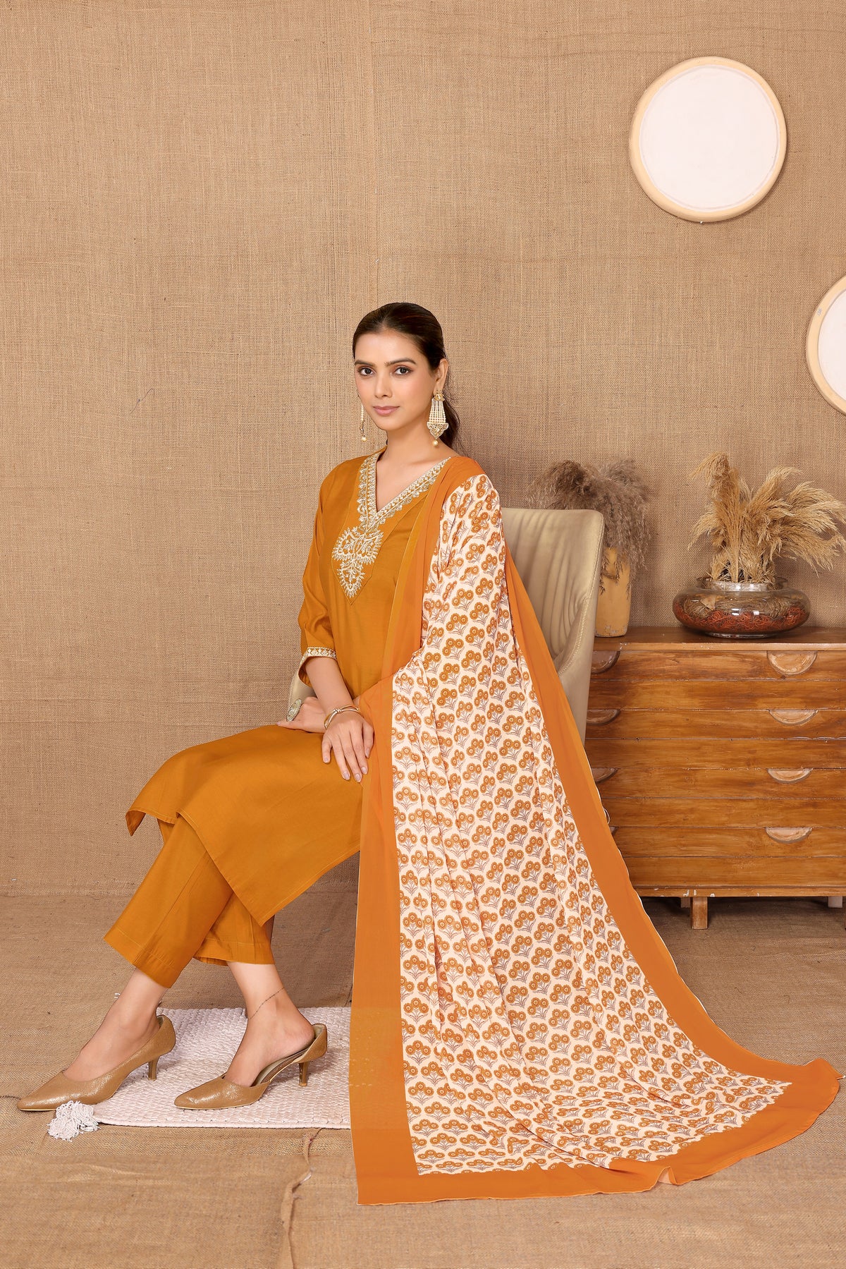 Silk Blend Embroidered V-Neck Kurta, Pant, and Printed Dupatta Set