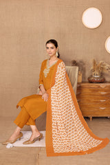 Silk Blend Embroidered V-Neck Kurta, Pant, and Printed Dupatta Set.