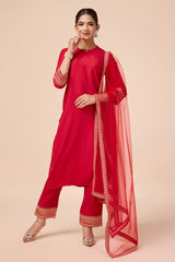 Red Silk Blend Kurta with Pant & Embroidered lace border Dupatta