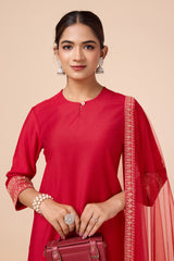 Red Silk Blend Kurta with Pant & Embroidered lace border Dupatta