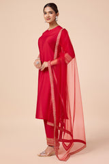 Red Silk Blend Kurta with Pant & Embroidered lace border Dupatta