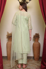 Light Green Embroidred Chanderi Kurta with Silk Pant & Net Dupatta