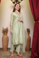 Light Green Embroidred Chanderi Kurta with Silk Pant & Net Dupatta