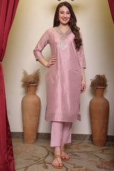 Pink Embroidered V-Neck Chanderi Kurta with Silk Pant & Net Dupatta