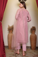 Pink Embroidered V-Neck Chanderi Kurta with Silk Pant & Net Dupatta