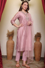 Pink Embroidered V-Neck Chanderi Kurta with Silk Pant & Net Dupatta