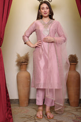 Pink Embroidered V-Neck Chanderi Kurta with Silk Pant & Net Dupatta