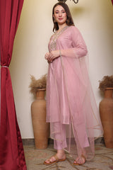 Pink Embroidered V-Neck Chanderi Kurta with Silk Pant & Net Dupatta