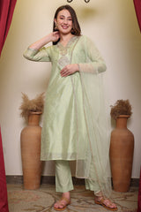 Light Green Embroidred Chanderi Kurta with Silk Pant & Net Dupatta