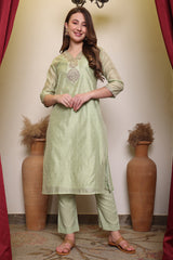 Light Green Embroidred Chanderi Kurta with Silk Pant & Net Dupatta