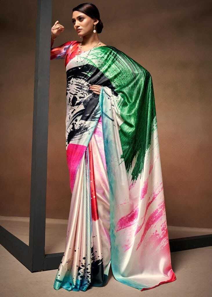 Digital Printed Satin Saree with Unstiched Blouse.