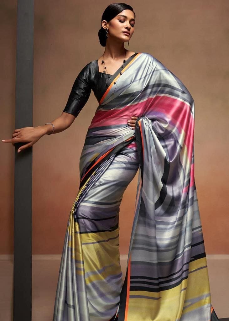 Digital Printed Satin Saree with Unstiched Blouse.