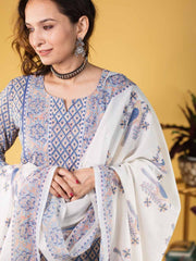 Cotton Blend Printed Kurta, Pant, & Dupatta Set