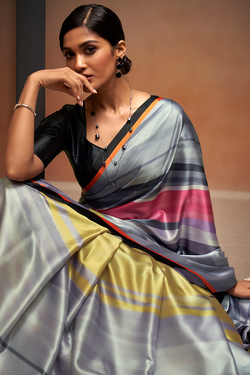 Digital Printed Satin Saree with Unstiched Blouse