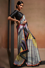 Digital Printed Satin Saree with Unstiched Blouse.