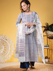 Cotton Blend Printed Kurta, Pant, & Dupatta Set