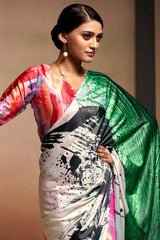 Digital Printed Satin Saree with Unstiched Blouse.