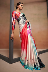 Digital Printed Satin Saree with Unstiched Blouse.