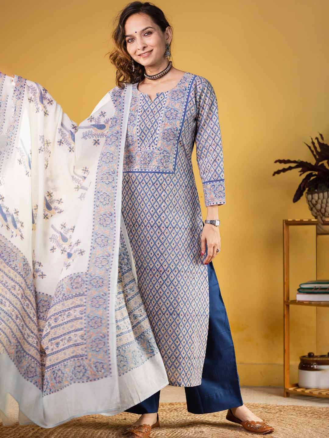 Cotton Blend Printed Kurta, Pant, & Dupatta Set