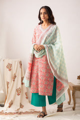 Cotton Blend Printed Kurta, Pant, & Dupatta Set