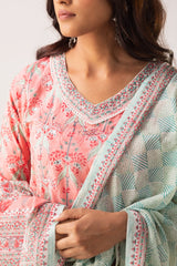 Cotton Blend Printed Kurta, Pant, & Dupatta Set